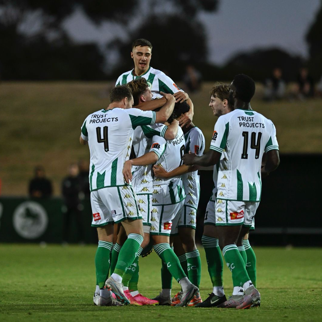 Green Gully celebrate the only goal of the match. A winning start to season 2024